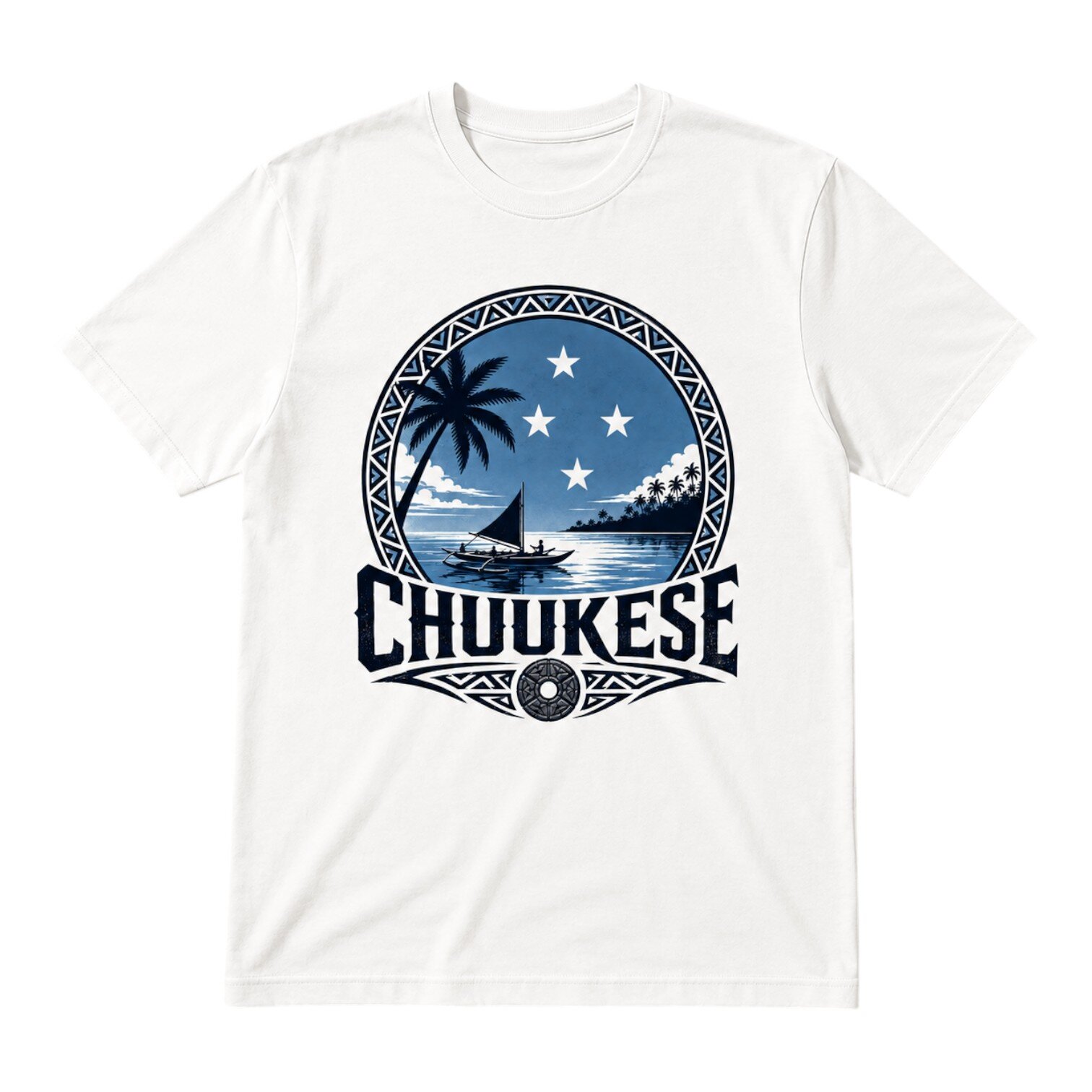 White T-shirt with Chuukese island graphic, sailboat on ocean, palm trees, and Micronesia stars emblem