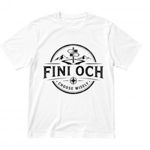 White graphic T-shirt with “FINI OCH” and “Choose Wisely” compass, mountains, road, and signpost design