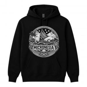 Black hoodie with Micronesia emblem graphic featuring sailboat, palm trees, ocean waves, and stars