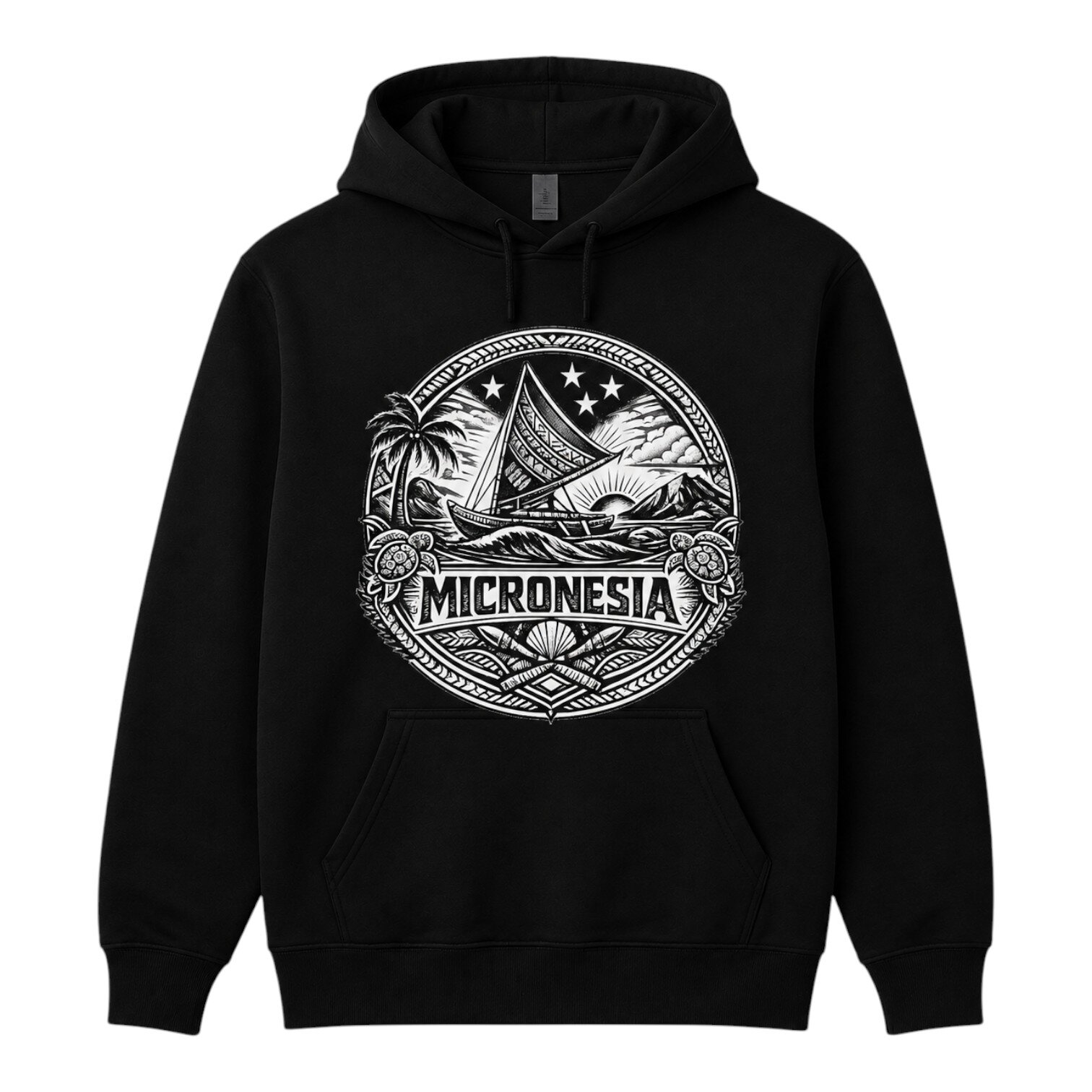 Black hoodie with Micronesia emblem graphic featuring sailboat, palm trees, ocean waves, and stars