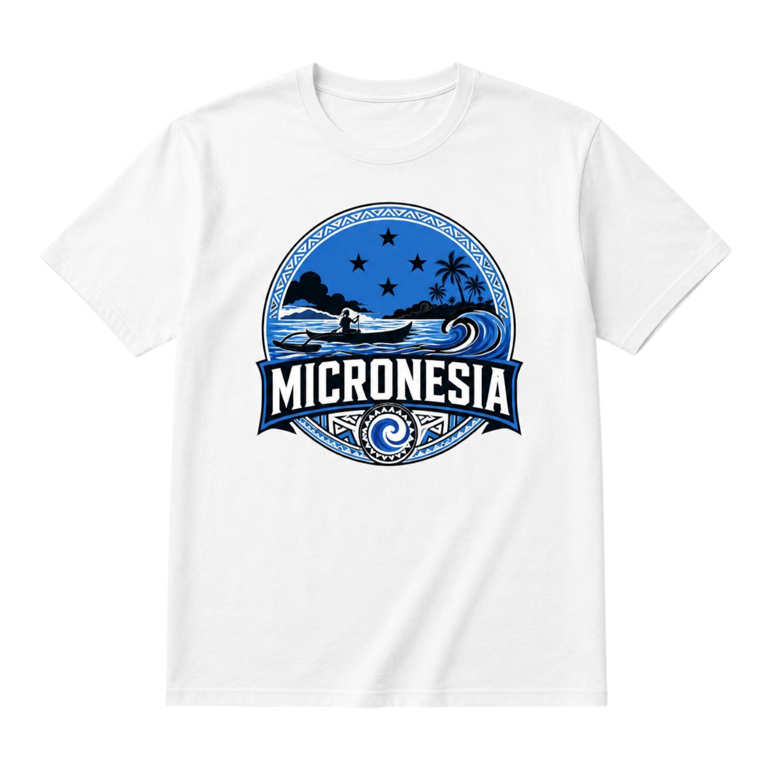 White T-shirt with Micronesia logo featuring ocean waves, canoe, palm trees, and stars in blue circular design