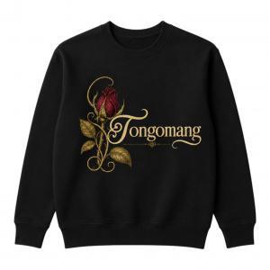 Black crewneck sweatshirt with red rose and gold vine graphic and “Tongomang” lettering on front