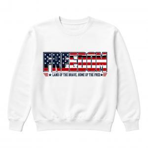 White sweatshirt with American flag “FREEDOM” graphic and “Land of the brave, home of the free” text