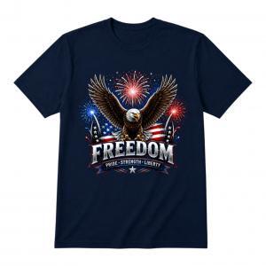 Navy patriotic T-shirt with bald eagle, American flag and fireworks graphic, “FREEDOM” pride strength liberty text