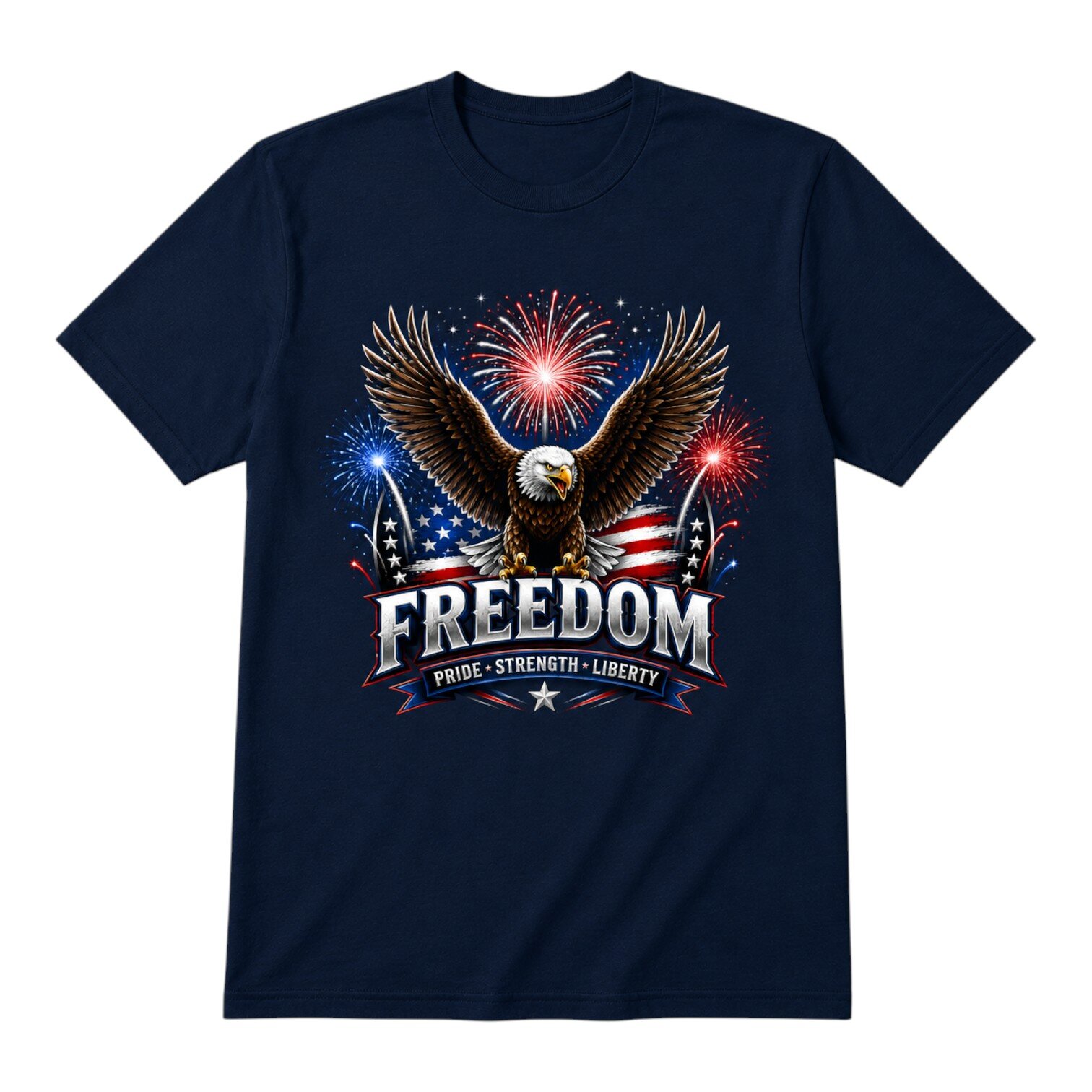 Navy patriotic T-shirt with bald eagle, American flag and fireworks graphic, “FREEDOM” pride strength liberty text