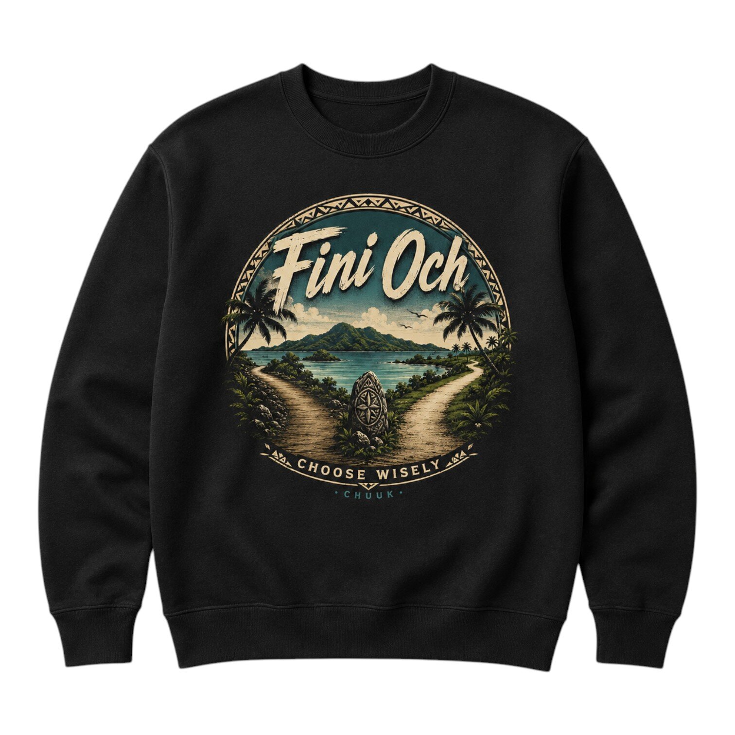 Black crewneck sweatshirt with “Fini Och” tropical island graphic and “Choose Wisely” text, Chuuk design