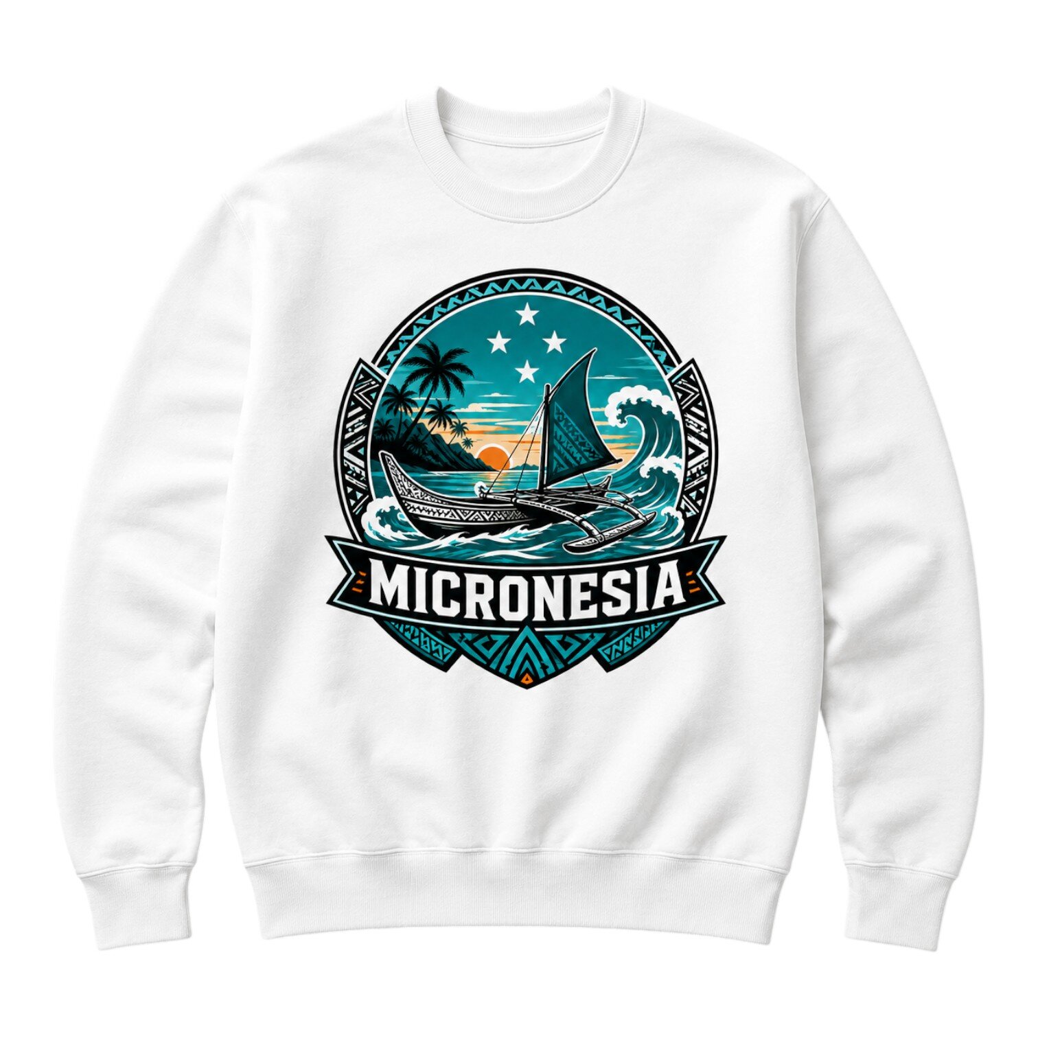 White sweatshirt with Micronesia graphic featuring outrigger canoe, waves, palm trees, sunset, and stars