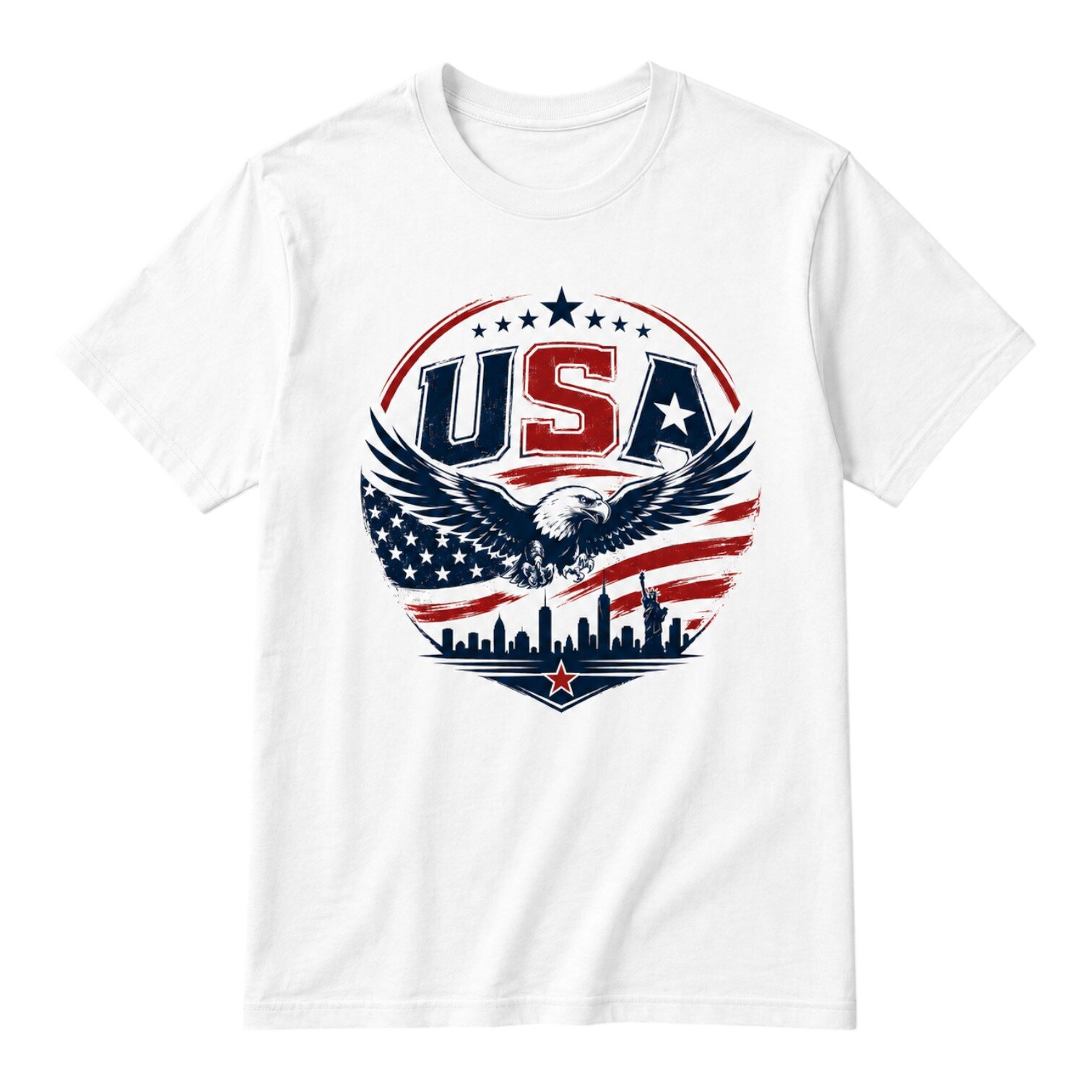 White T-shirt with USA patriotic graphic, bald eagle, American flag, and city skyline with Statue of Liberty