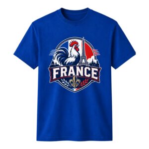 Blue France graphic T-shirt with rooster, Eiffel Tower, and French flag emblem design
