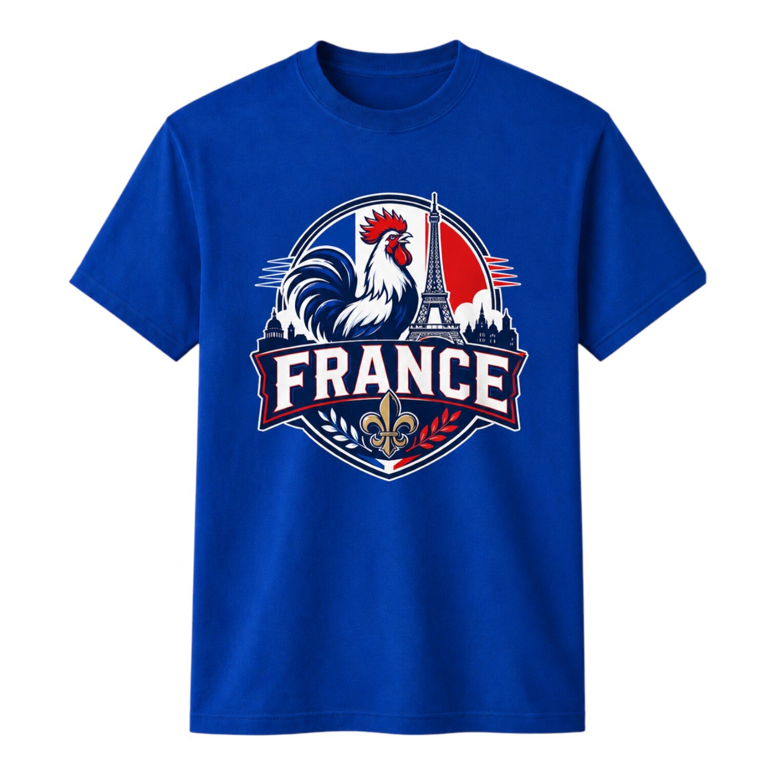 Blue France graphic T-shirt with rooster, Eiffel Tower, and French flag emblem design
