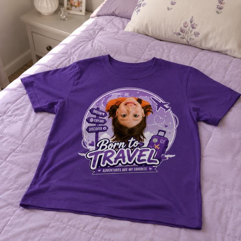 Purple t-shirt featuring a playful travel-themed design with the text "Born to Travel