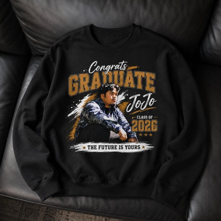 Black Class of 2026 graduation sweatshirt with a custom photo design, printed by Custom-Printing.us