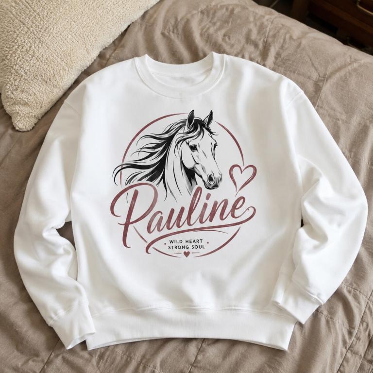 White custom sweatshirt with an accordion and music design and the name Sandrine, printed by Custom-Printing.us