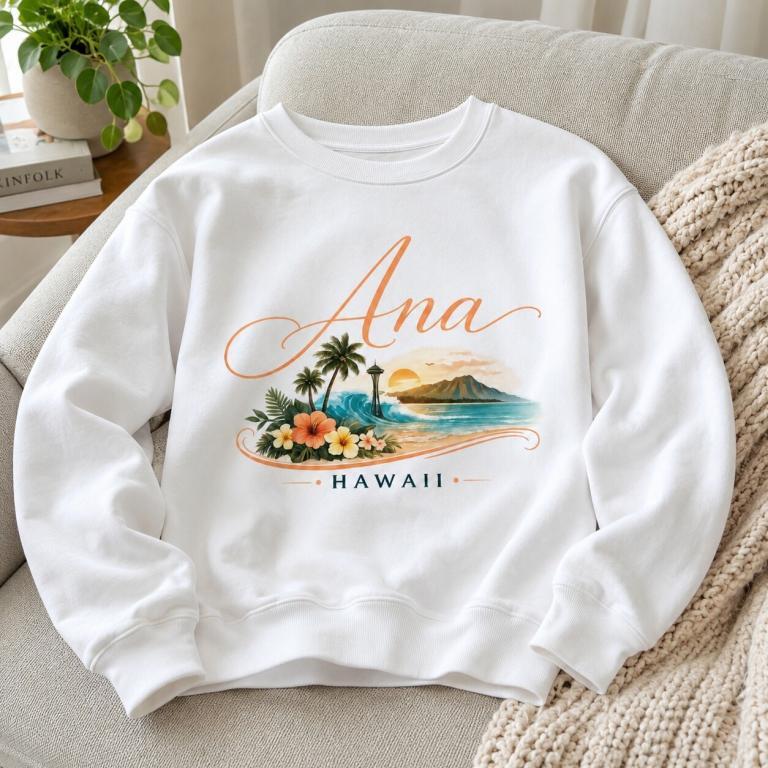 White sweatshirt featuring a colorful Hawaiian landscape design with the name "Ana