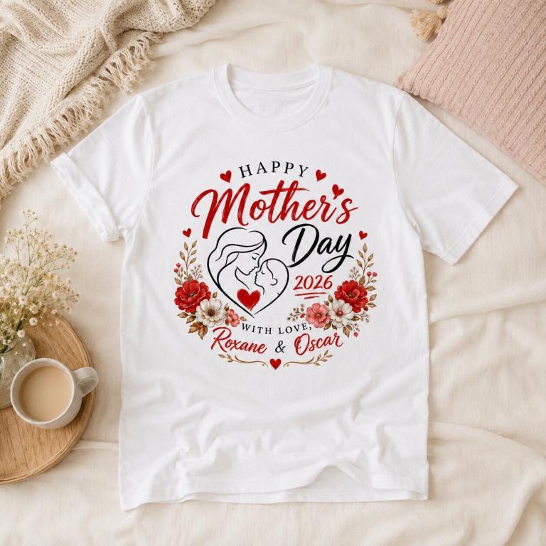 White t-shirt featuring a colorful Mother's Day design with floral accents and personalized names