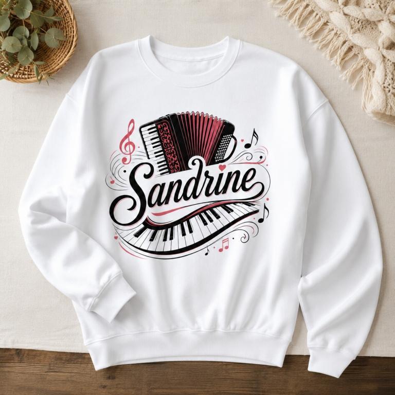 White sweatshirt featuring an accordion, piano keys, and the name "Sandrine" in stylish lettering