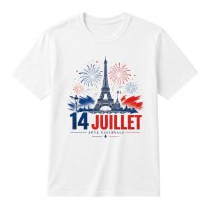 White T-shirt with Eiffel Tower fireworks graphic and “14 Juillet Fête Nationale” French Bastille Day design