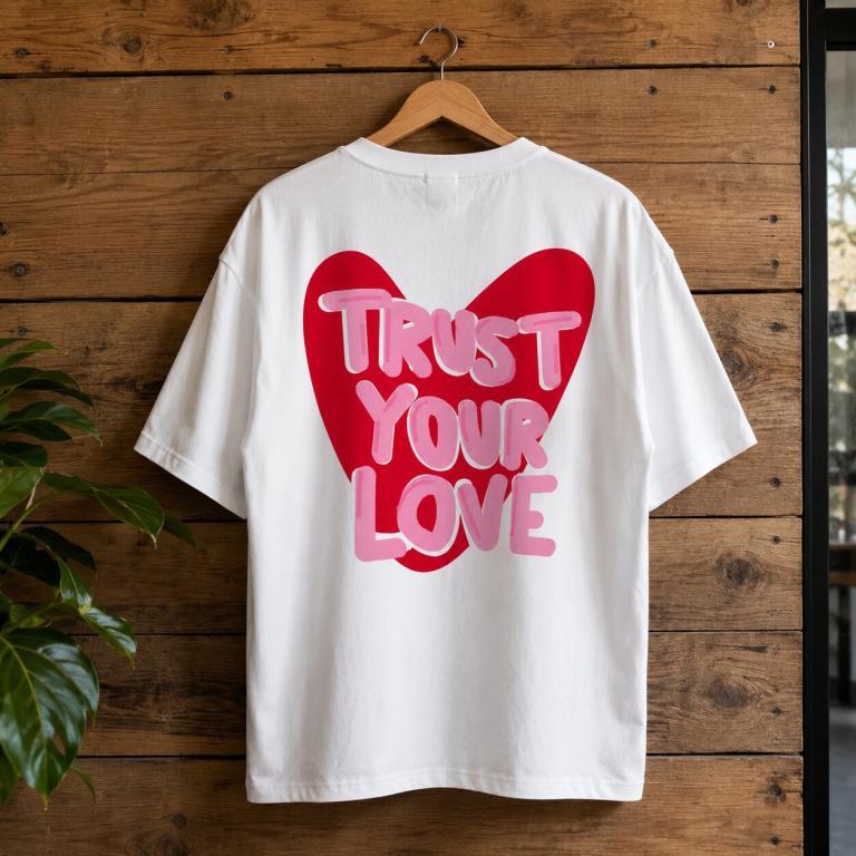 White t-shirt with bold pink and red heart design and text: "TRUST YOUR LOVE