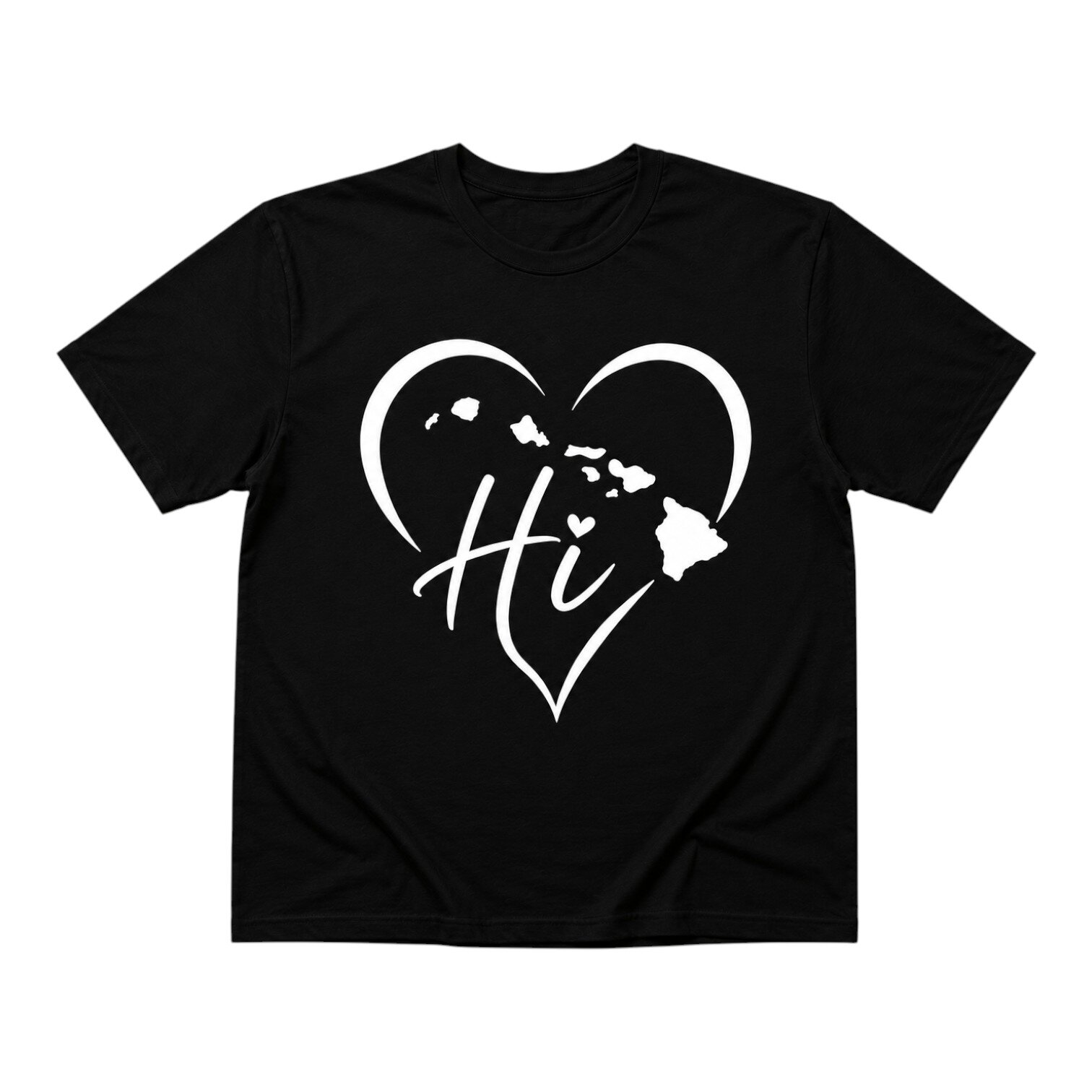 Black T-shirt with white heart outline, Hawaii islands silhouette, and “Hi” script graphic design