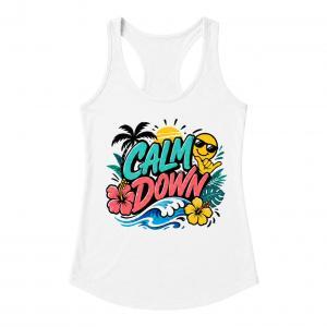 White racerback tank top with colorful “CALM DOWN” tropical graphic, palm tree, hibiscus flowers, wave and sunglasses emoji