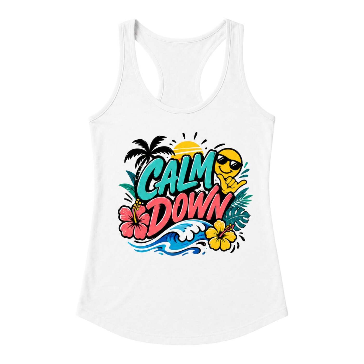 White racerback tank top with colorful “CALM DOWN” tropical graphic, palm tree, hibiscus flowers, wave and sunglasses emoji