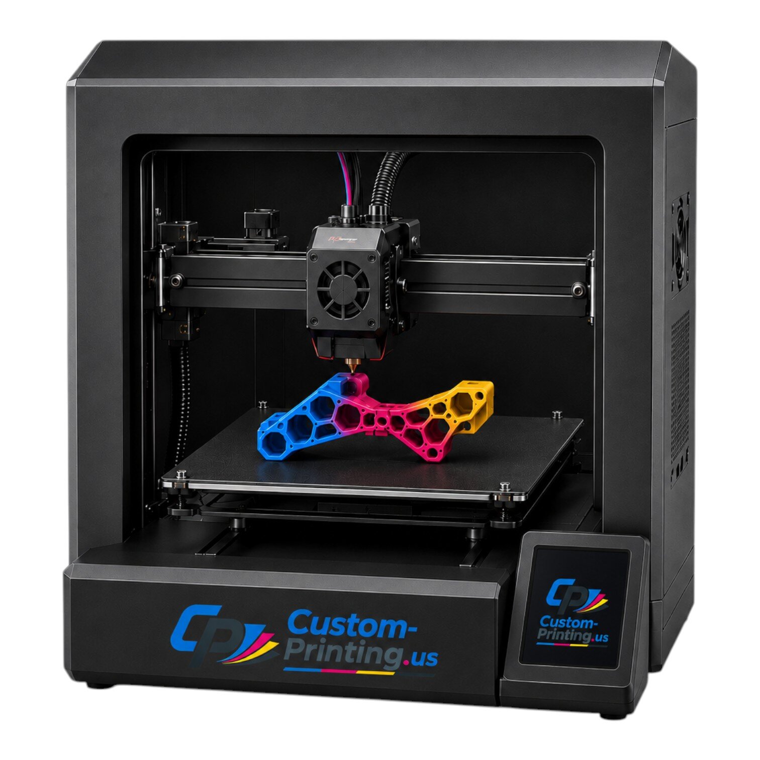 Enclosed desktop 3D printer printing a colorful honeycomb plastic part on the build plate, Custom-Printing.us branding