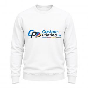 White crewneck sweatshirt with Custom-Printing.us logo printed on front, custom branded apparel mockup
