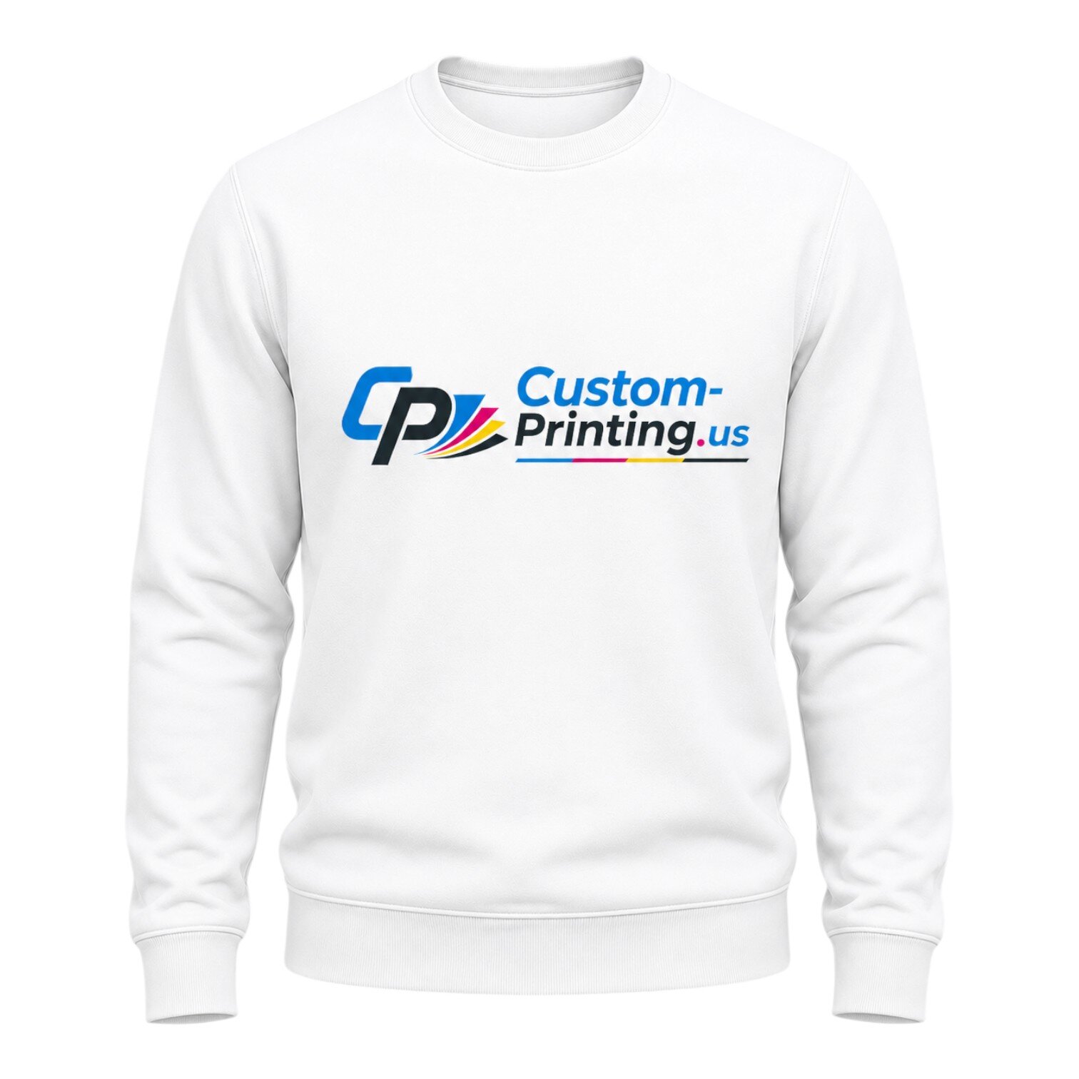 White crewneck sweatshirt with Custom-Printing.us logo printed on front, custom branded apparel mockup