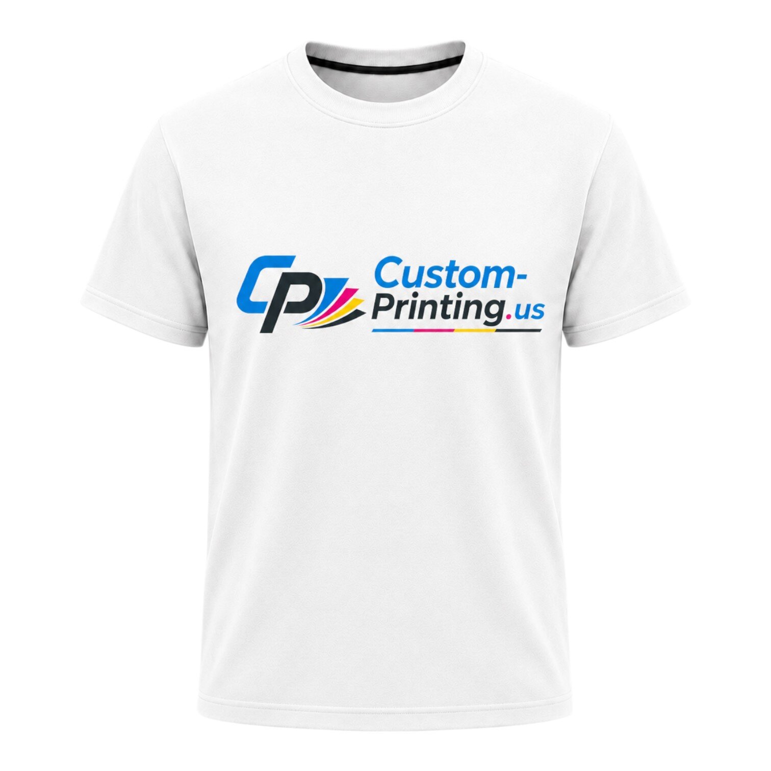 White crew-neck T-shirt with Custom-Printing.us logo and colorful swoosh graphic on front