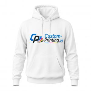White pullover hoodie with Custom-Printing.us logo printed on the front, featuring CP icon and multicolor swoosh