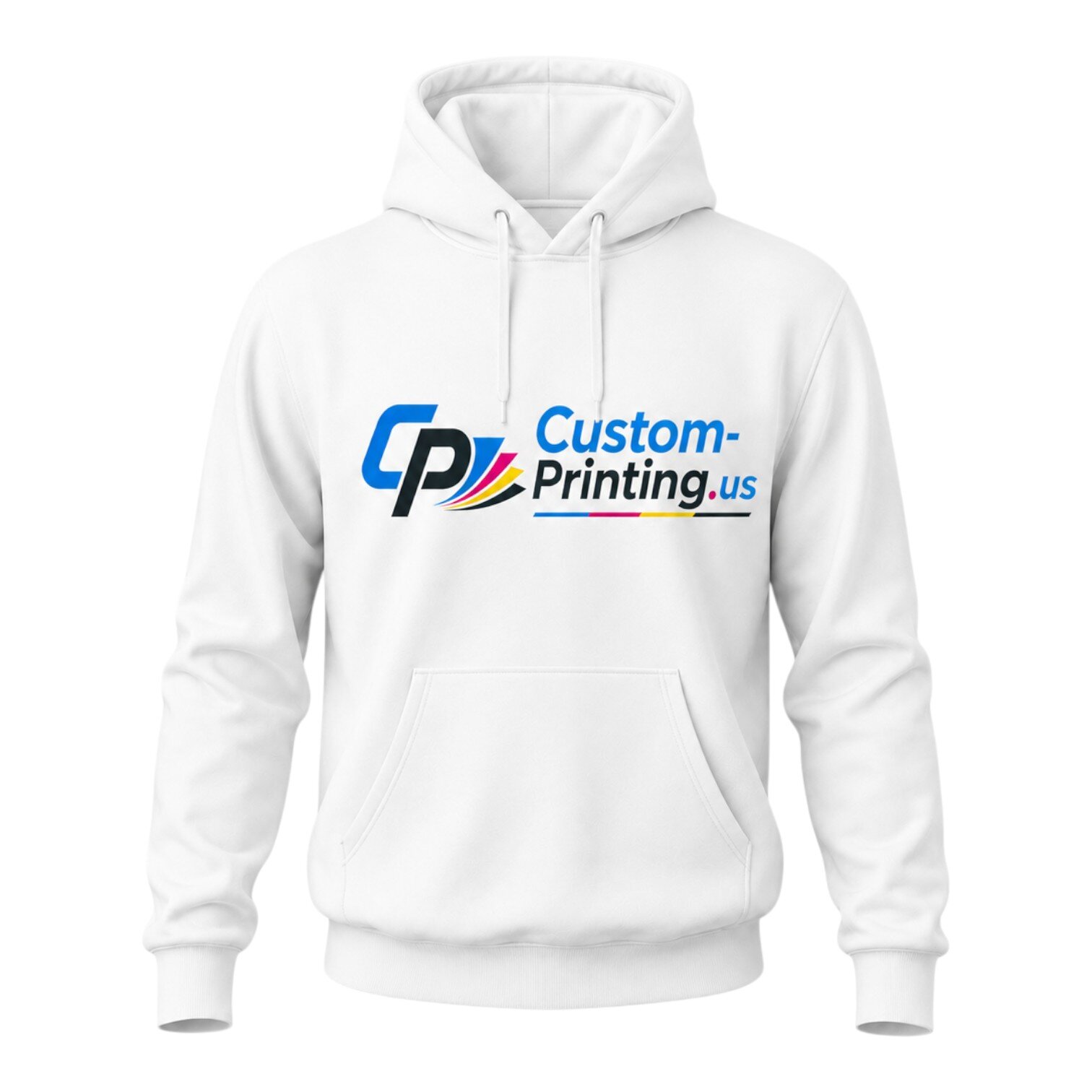 White pullover hoodie with Custom-Printing.us logo printed on the front, featuring CP icon and multicolor swoosh