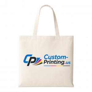 Natural canvas tote bag with Custom-Printing.us logo printed on front, reusable shopping bag with long handles