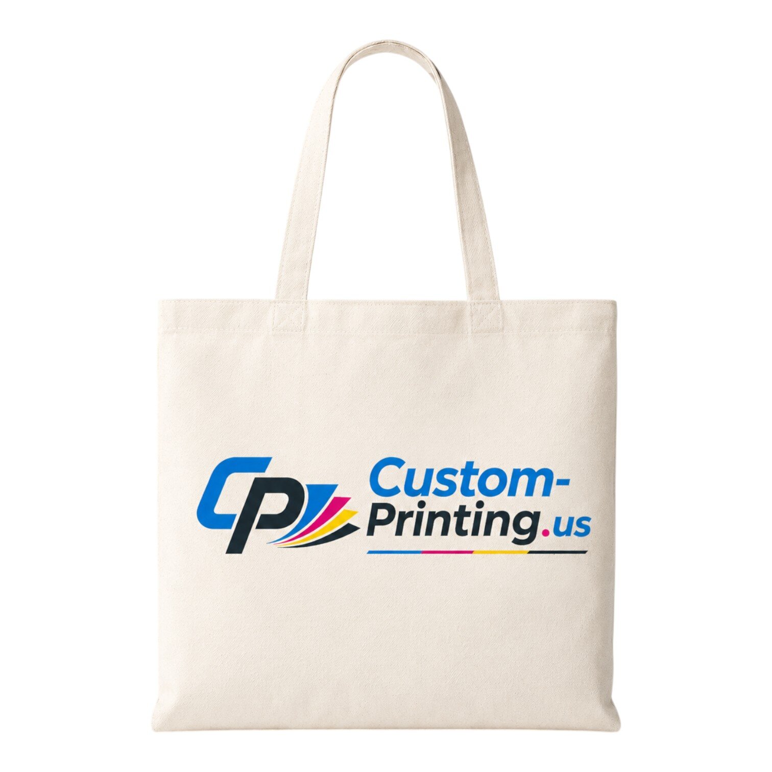 Natural canvas tote bag with Custom-Printing.us logo printed on front, reusable shopping bag with long handles