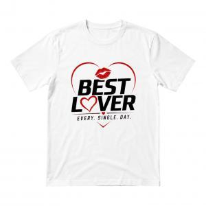 White graphic T-shirt with red heart and lips design and “Best Lover Every. Single. Day.” text print