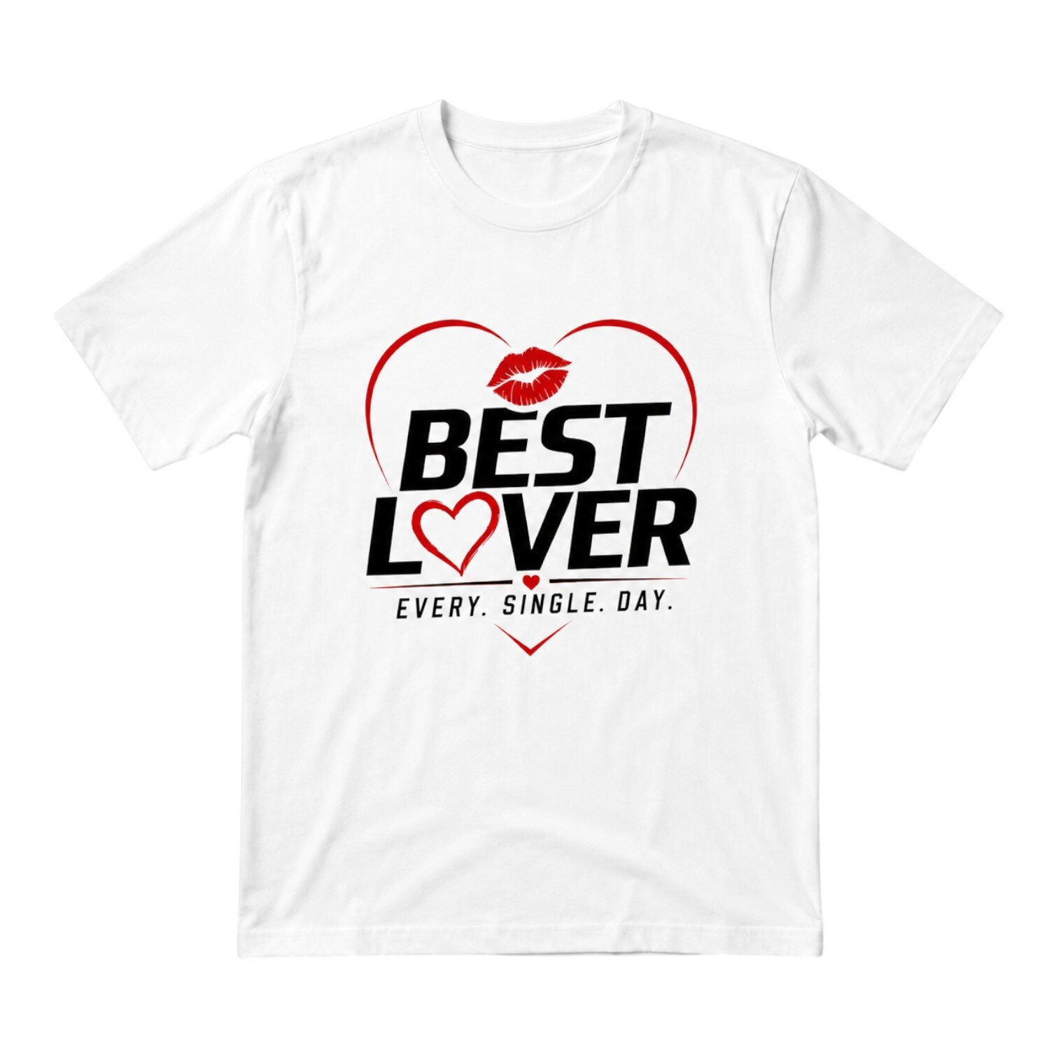 White graphic T-shirt with red heart and lips design and “Best Lover Every. Single. Day.” text print