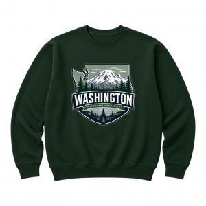 Dark green Washington sweatshirt with Mount Rainier and evergreen forest graphic, “Washington The Evergreen State” text
