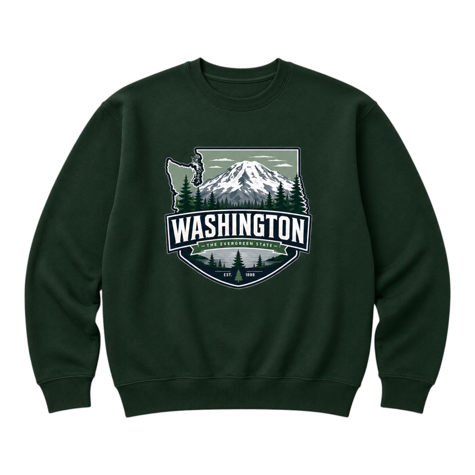 Dark green Washington sweatshirt with Mount Rainier and evergreen forest graphic, “Washington The Evergreen State” text