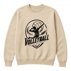 Beige crewneck sweatshirt with volleyball player silhouette graphic and “VOLLEYBALL” text on front