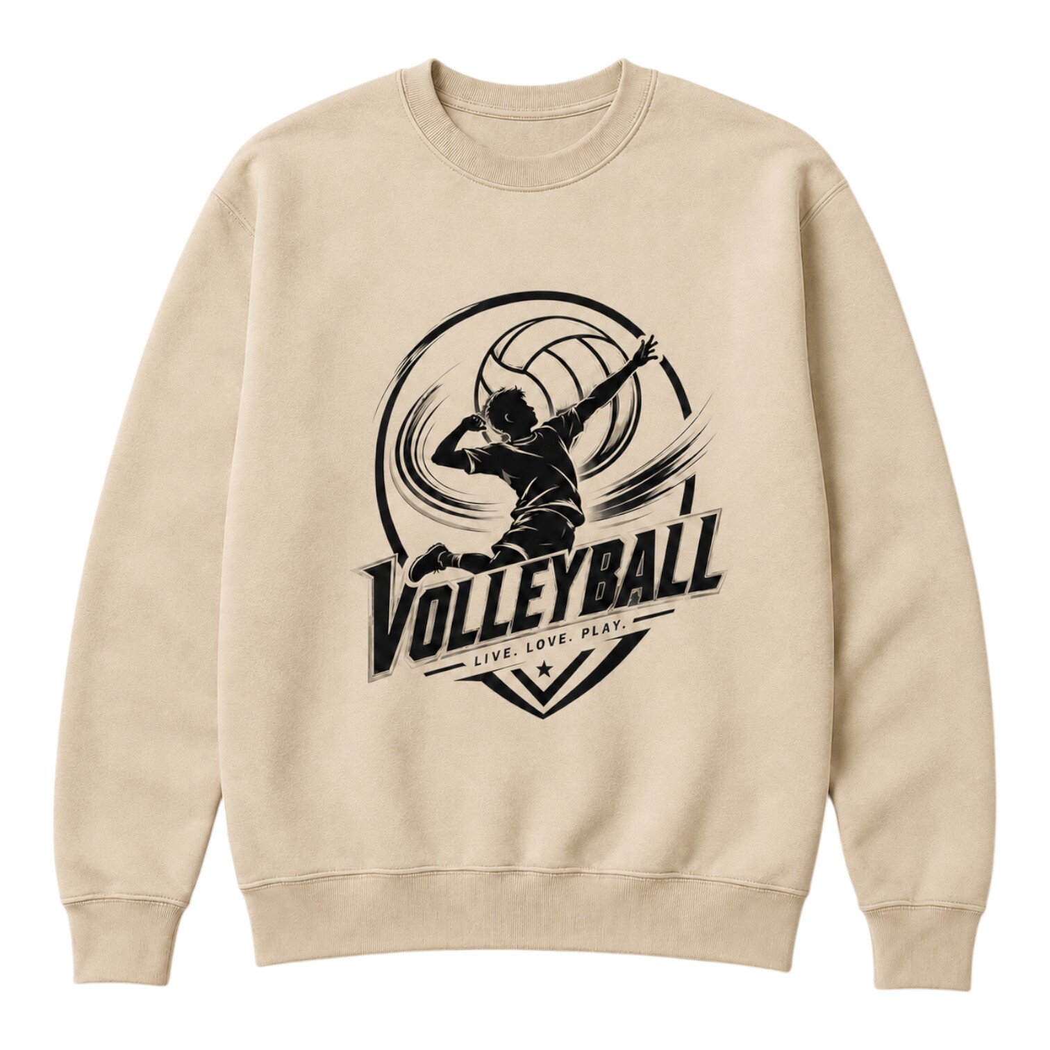 Beige crewneck sweatshirt with volleyball player silhouette graphic and “VOLLEYBALL” text on front